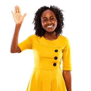A woman waving hello