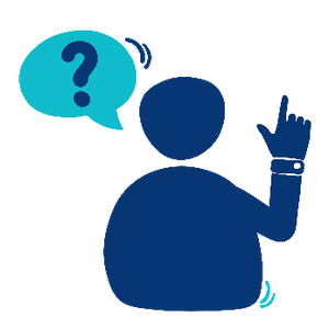 Person icon with its hand up with a question mark in a speech bubble.