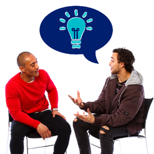 Two men sitting down facing each other. A speech bubble with a lightbulb is above one of them.