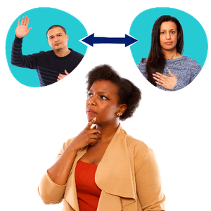 A woman pointing at herself thinking. Two people in speech bubbles. A man has his hand raised and a woman has her hand on her chest.