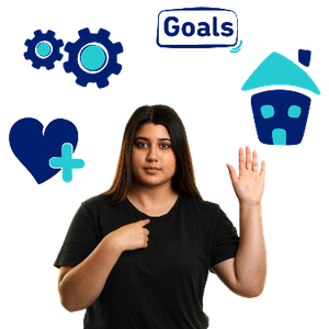 A woman pointing at herself with her other hand raised. Above her are 4 symbols including a love heart with a plus symbol, 2 spinning wheels, the word goals, and a house.