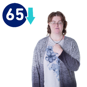 A woman pointing at herself. Next to her is the number 65 with an arrow pointing down.