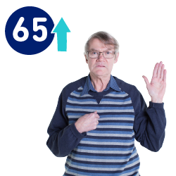 A man pointing at himself with his other hand raised. Next to him is the number 65 with an arrow pointing up.