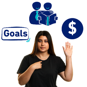 A woman pointing at herself with her other hand raised. Above her are 3 symbols including the word goals, a support worker helping someone, and a dollar symbol.