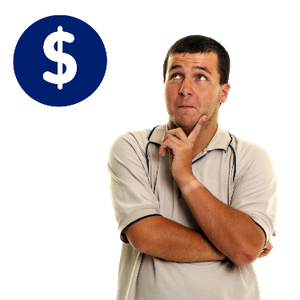 A man thinking and pointing his finger on his chin. Above him is a dollar symbol.