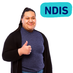 A woman smiling with her thumb up. Above her is the word NDIS.