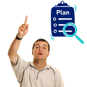 A man pointing up to ask a question. Above him is plan form with a search symbol.