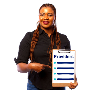 A woman holding a providers form and pointing at it