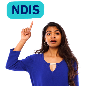 A woman pointing to the word NDIS