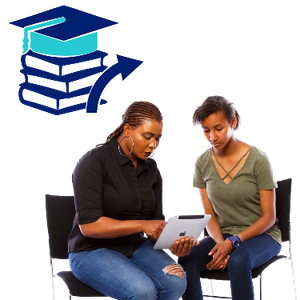 Two women sitting down using a tablet. Above them is a pile of books with a graduation cap sitting on top and an arrow pointing right.