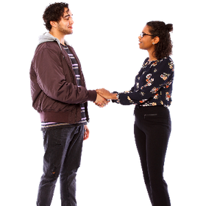 Two people facing each other and shaking hands