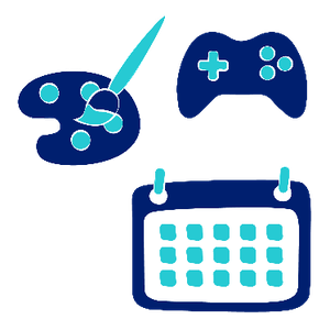 Three images including a paint palette and brush, a game controller, and a calendar
