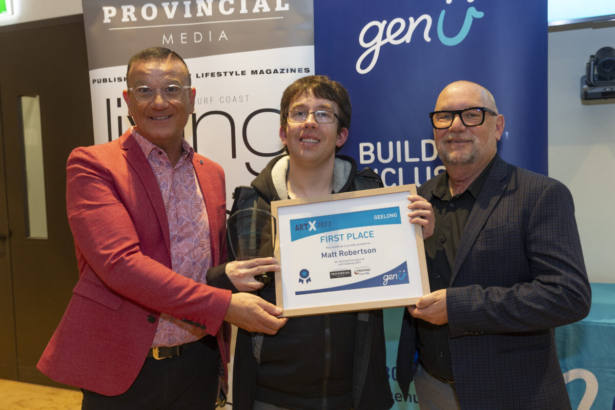 Provincial Media Publishing Managers Garry Flanigan (left) and Jon Zabiegala (Right), alongside ArtX’s 2023 first place recipient, Matt Robertson (middle).