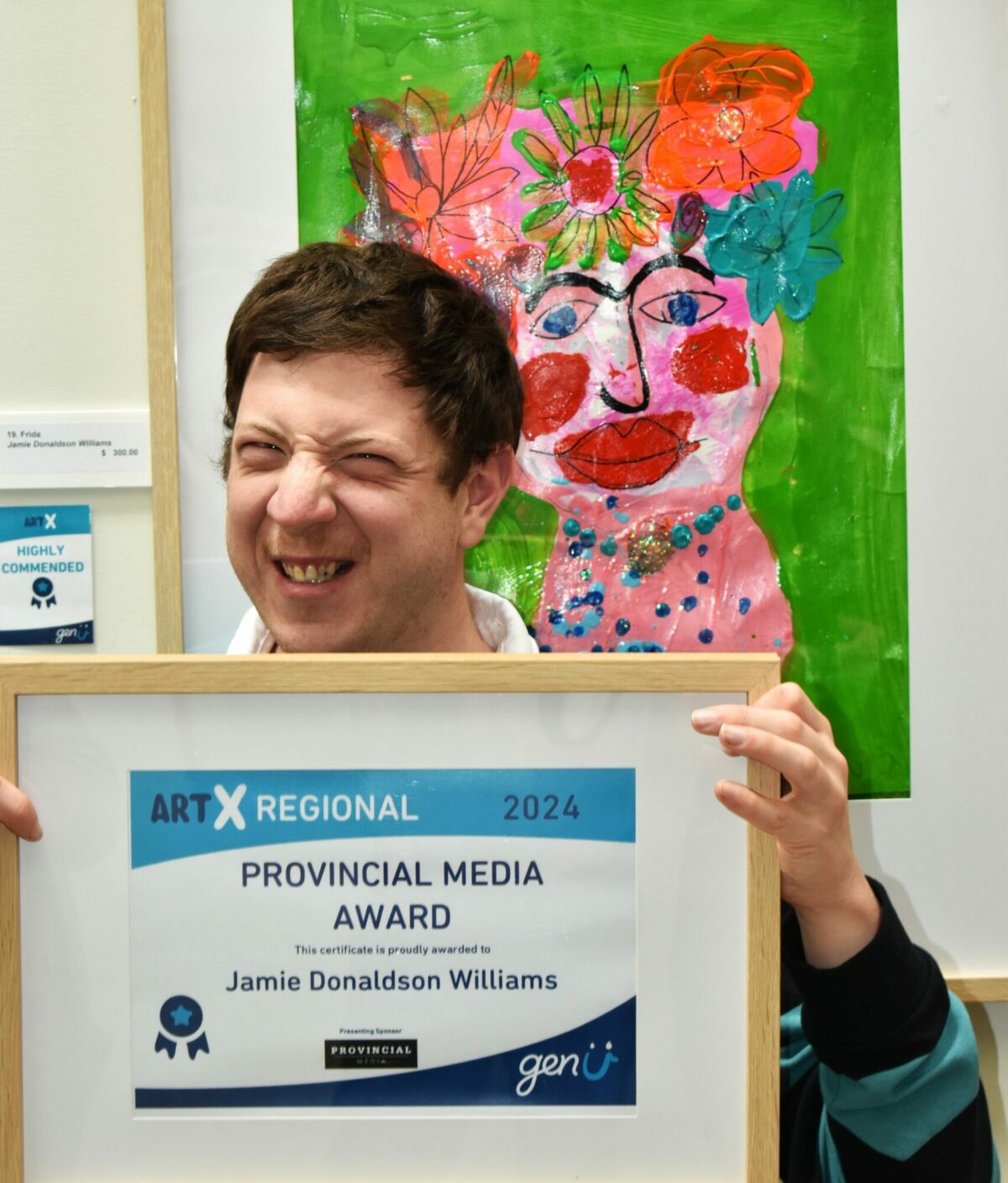 artX Regional 2024 Provincial Media Award winner Jamie Donaldson Williams and painting Frida